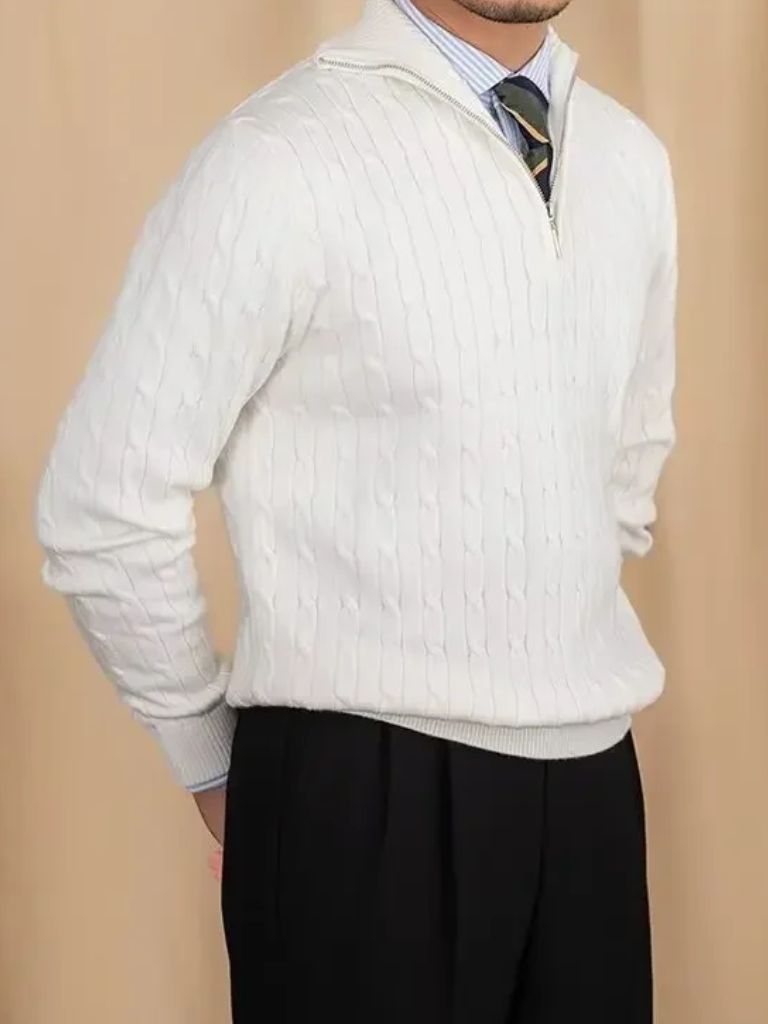 Cable-Knit Zip Neck Sweater - Cross & Crown