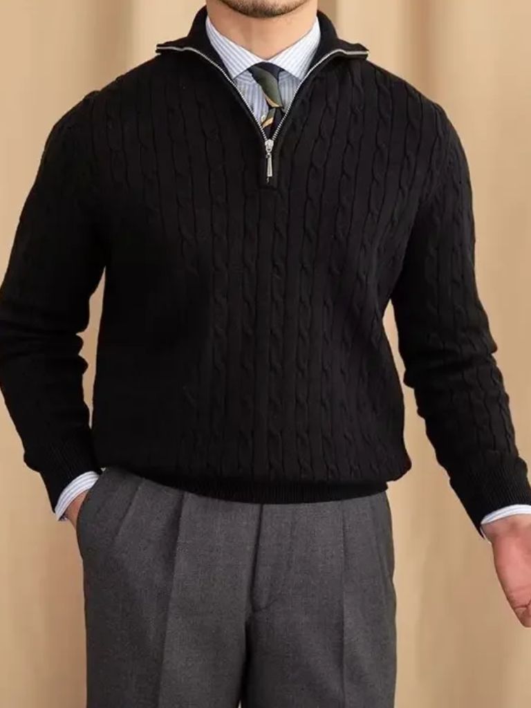 Cable-Knit Zip Neck Sweater - Cross & Crown
