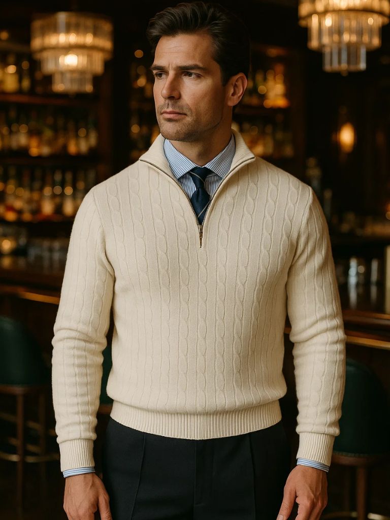 Cable-Knit Zip Neck Sweater - Cross & Crown