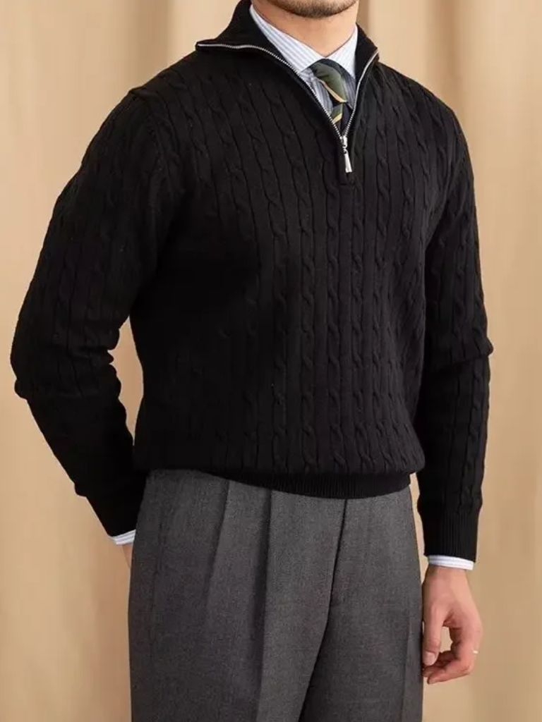 Cable-Knit Zip Neck Sweater - Cross & Crown