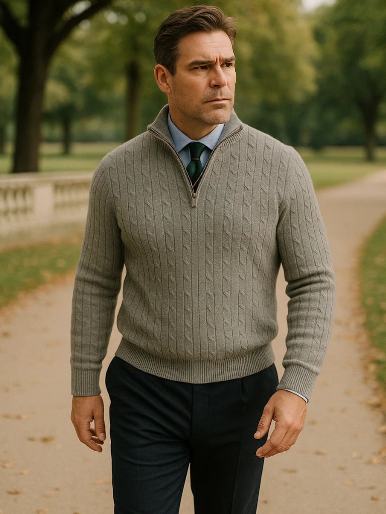 Cable-Knit Zip Neck Sweater - Cross & Crown