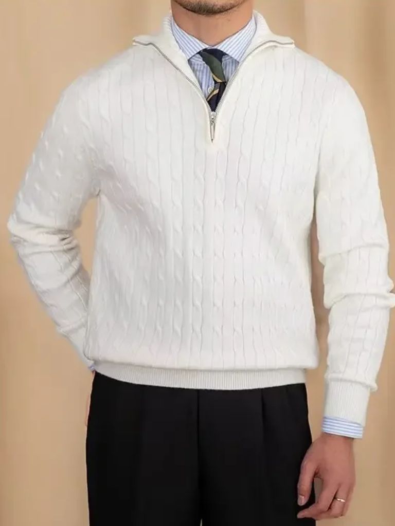 Cable-Knit Zip Neck Sweater - Cross & Crown