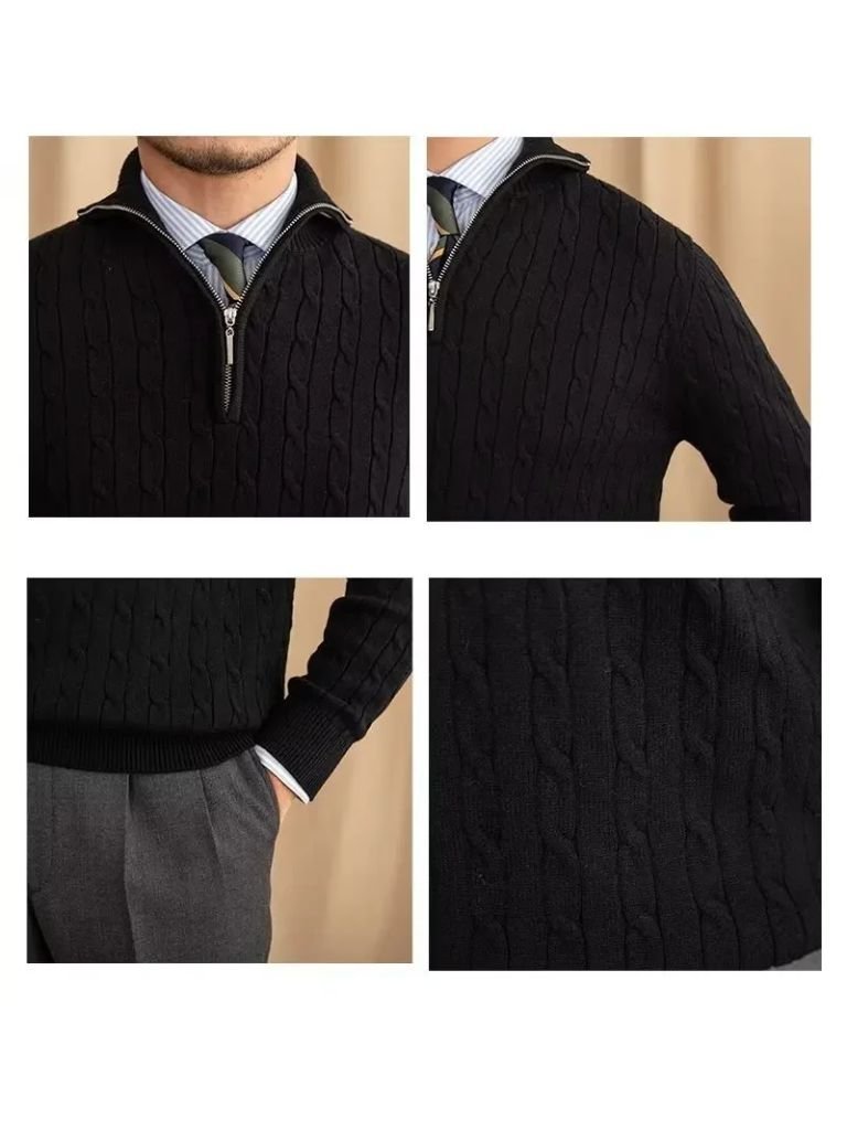 Cable-Knit Zip Neck Sweater - Cross & Crown